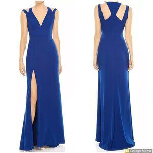 Halston Heritage Evening Gown 14 Cobalt Blue Slit V-Neck Cutout Back, Formal NWT